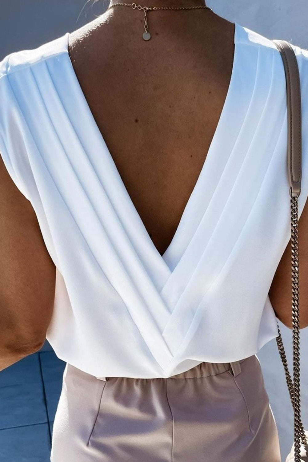 Pleated Backless V Neck Sleeveless Shirt