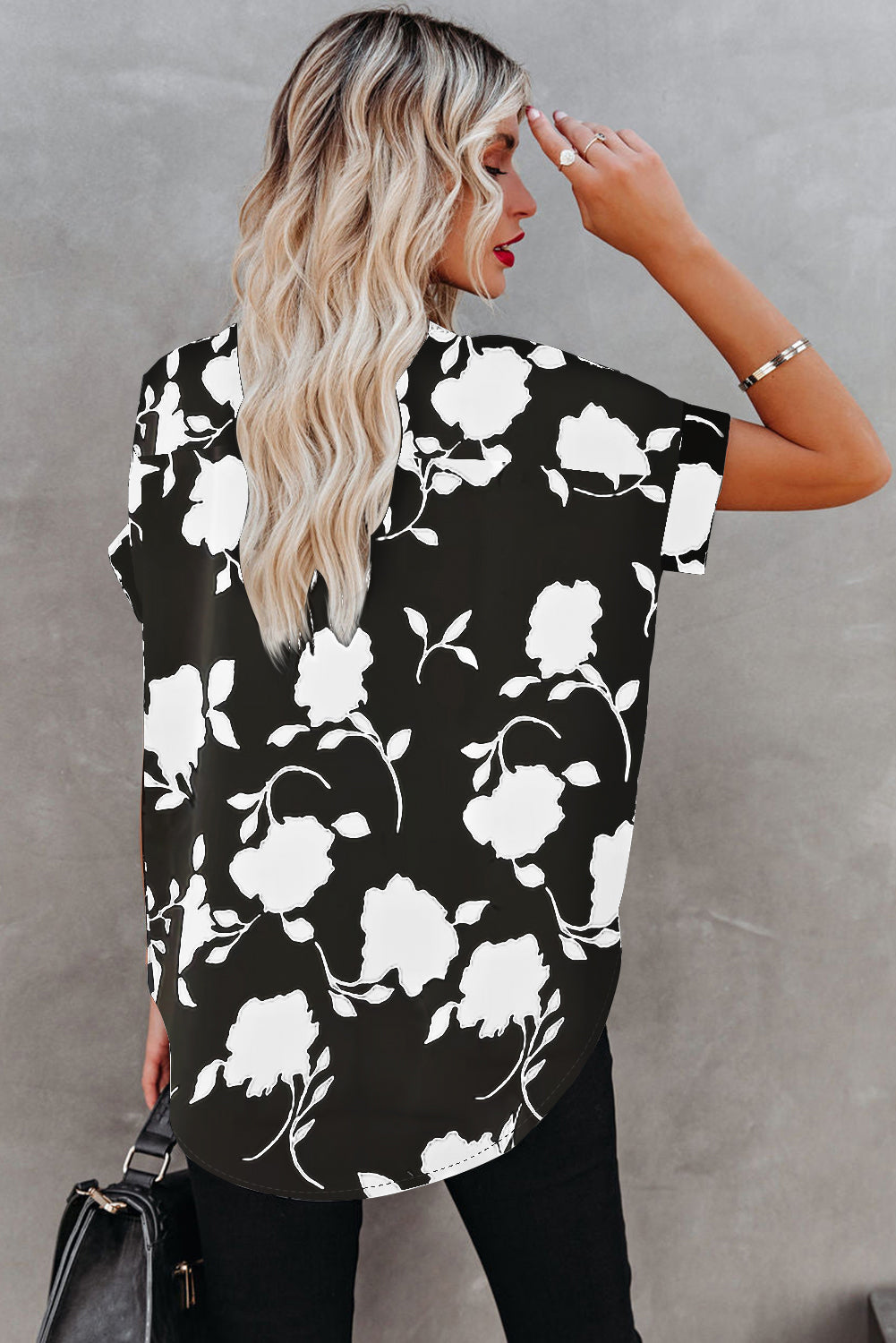 Floral Print Casual Roll Up Sleeve Blouse