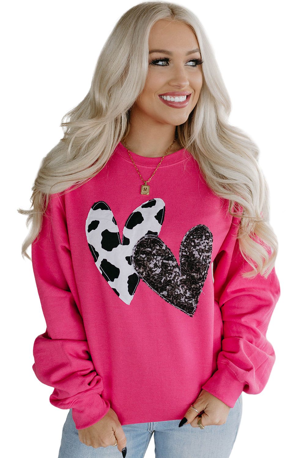 Strawberry Pink Graphic Sequins Heart Patch Sweatshirt