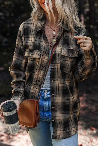 Plaid Double Flap Pocket Brushed Flannel Long Sleeve