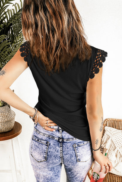 Crochet Cap Sleeve Ribbed V Neck Summer Top