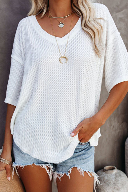 Rose Exposed Seam Drop Sleeve V Neck Waffle Textured Top