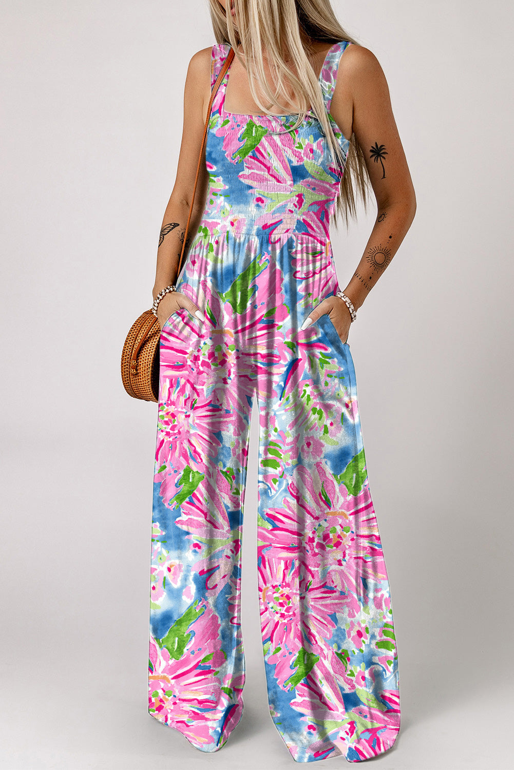 Abstract Floral Print Split V Neck Short Sleeve Blouse