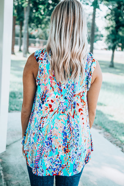 Light Blue Abstract Print Color Block Babydoll Boho Sleeveless Shirt with Ruffle