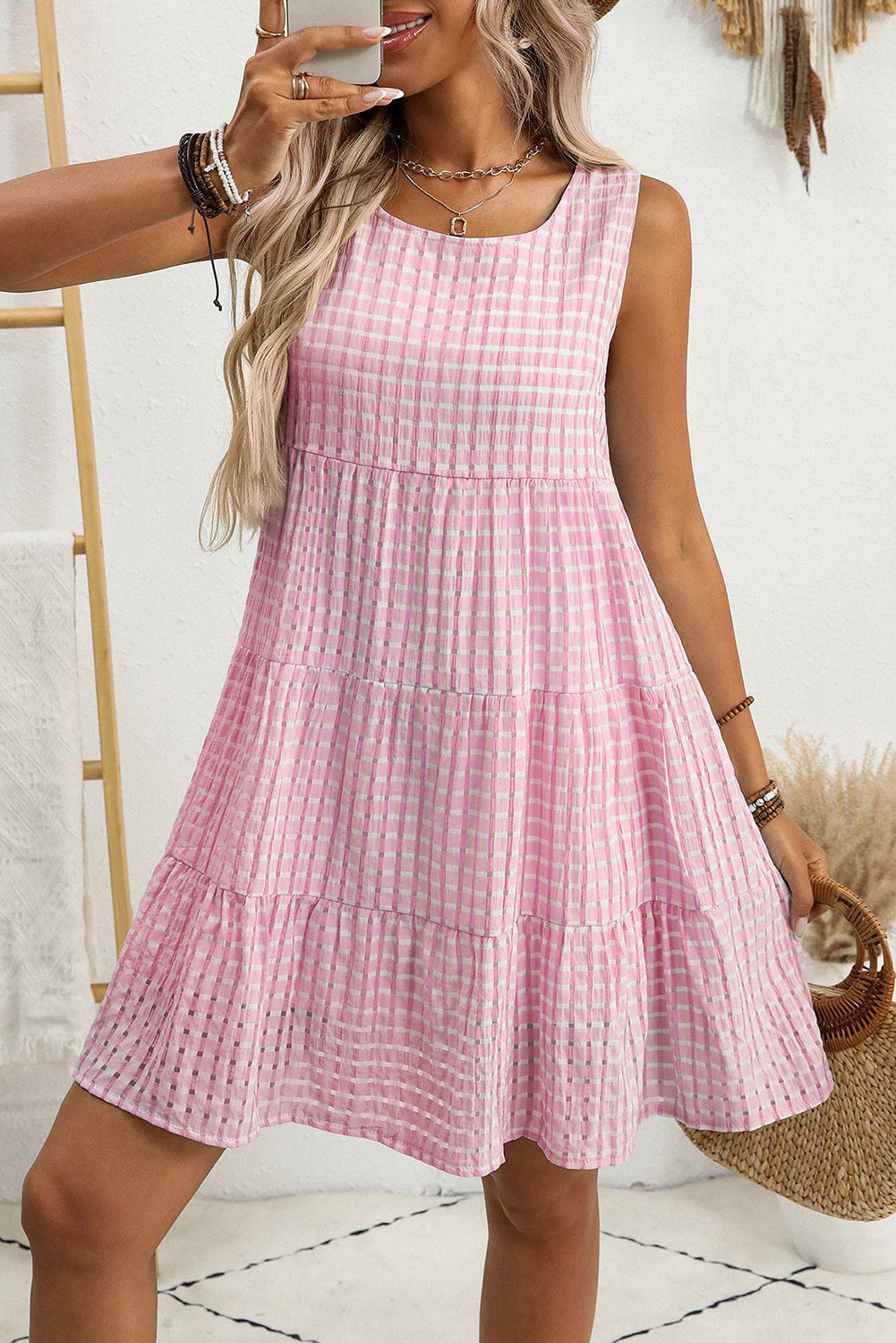 Pink Gingham High Waist Sleeveless Mini Dress