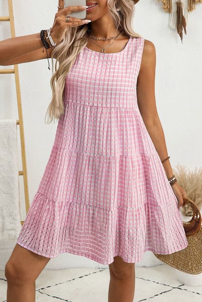 Pink Gingham High Waist Sleeveless Mini Dress