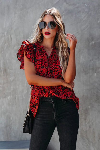 Floral Print Tiered Ruffle Sleeve V Neck Boho Top