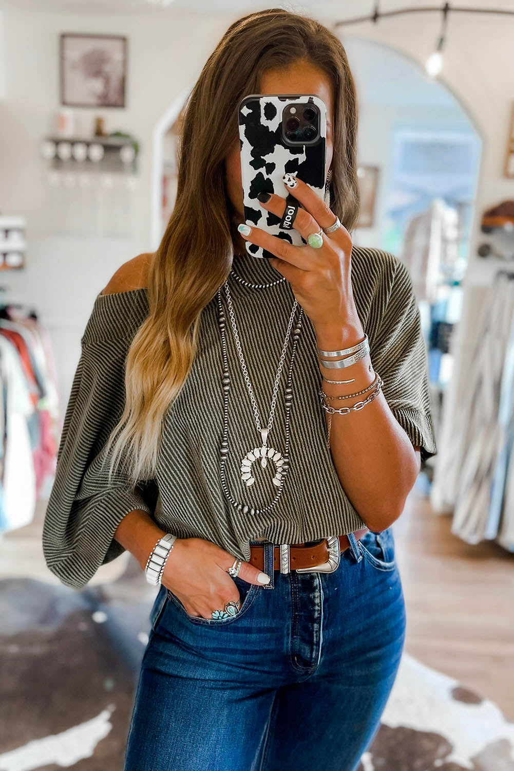 Apricot Boatneck Batwing Sleeve Cording Top