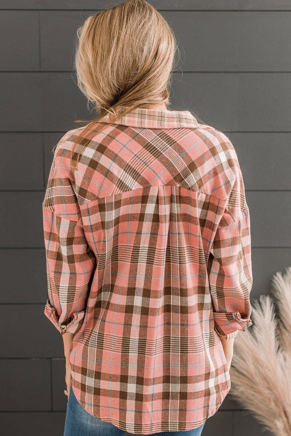 Orange Drop Shoulder Rounded Hem Plaid Pattern Shirt