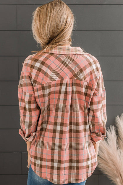 Orange Drop Shoulder Rounded Hem Plaid Pattern Shirt
