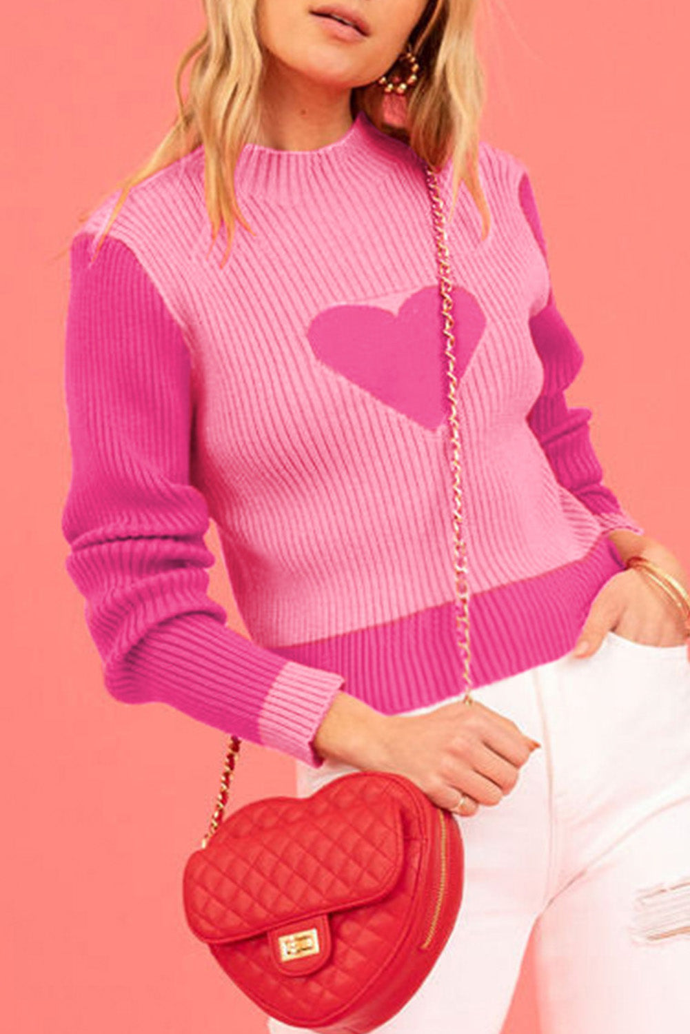 Valentine Colorblock Heart Print Ribbed Sweater