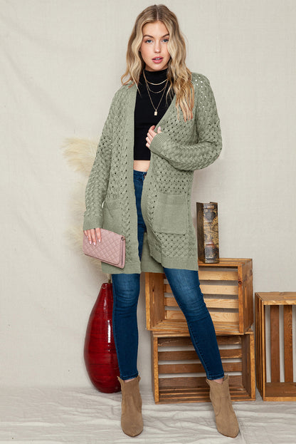 Brown Woven Texture Open Front Pockets Knit Cardigan