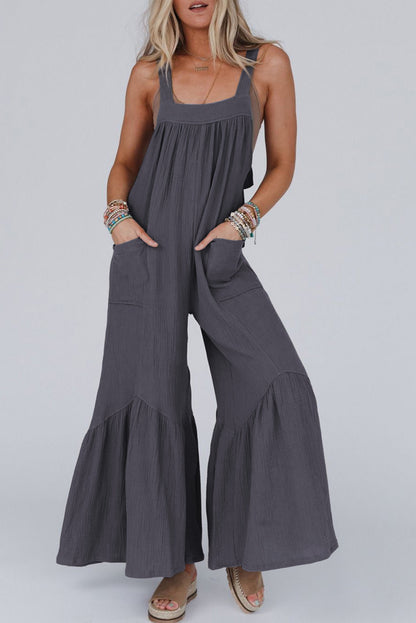 Black Solid Color Pockets Pleated Flare Leg Jumpsuit