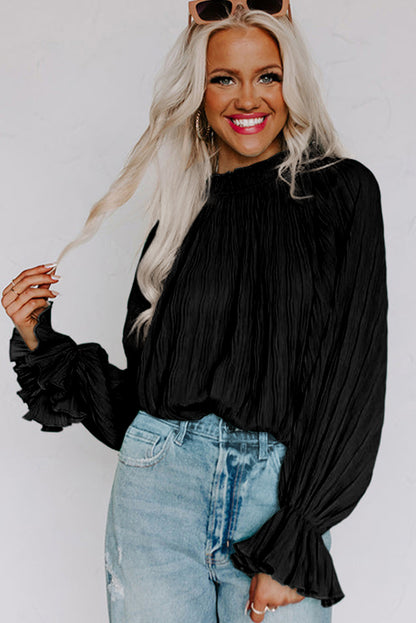Black Crinkle Frilled Neck Pleated Long Sleeve Blouse