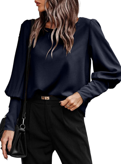 Brown Plain Leg-of-mutton Sleeve Round Neck Blouse