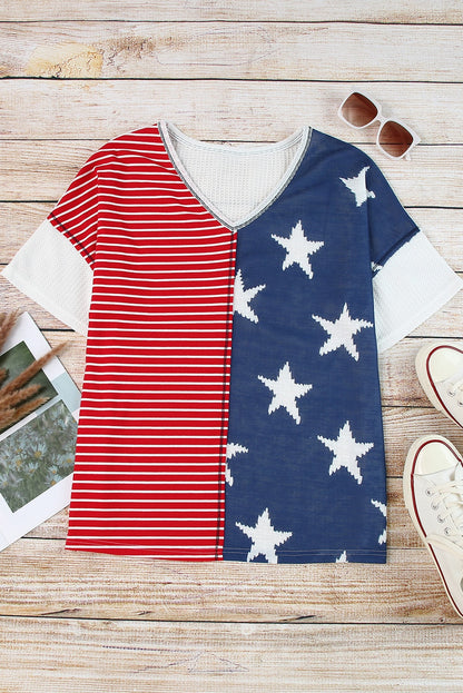 Multicolor Stripes Stars Print Knit Short Sleeve Top