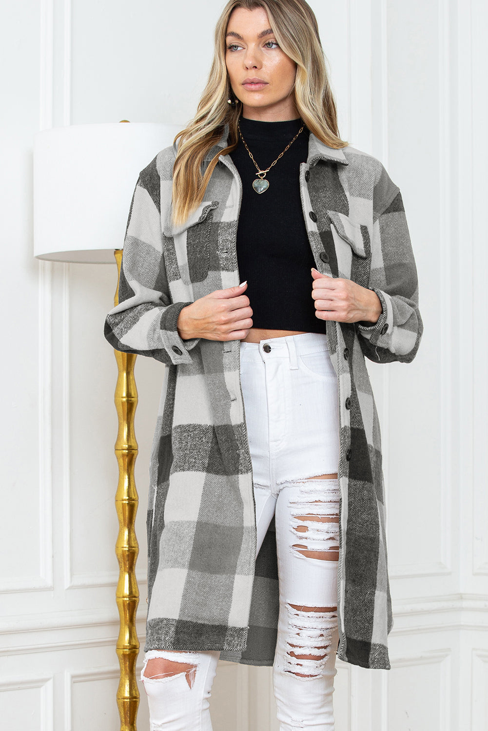 Khaki Plaid Colorblock Button Down Flap Pocket Long Shacket