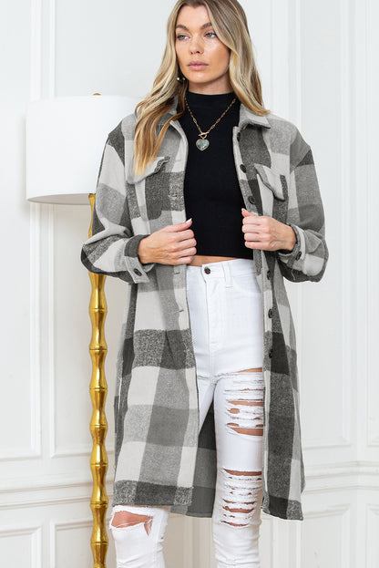 Khaki Plaid Colorblock Button Down Flap Pocket Long Shacket