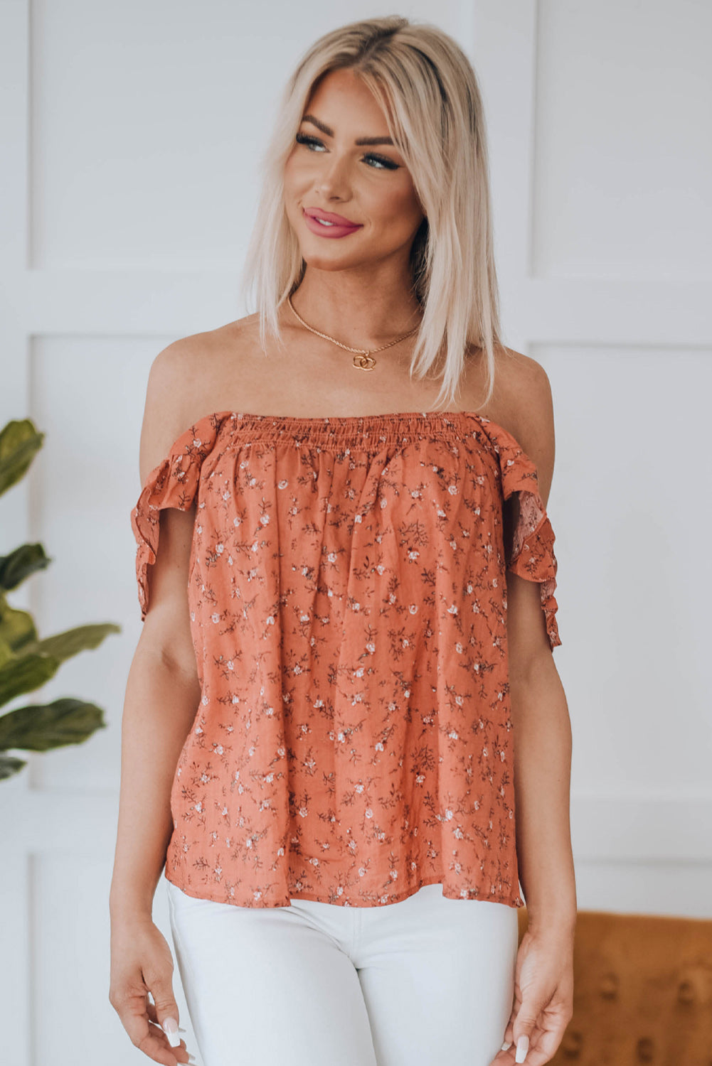 Floral Print Smocked Neck Flounce Sleeveless Shirt
