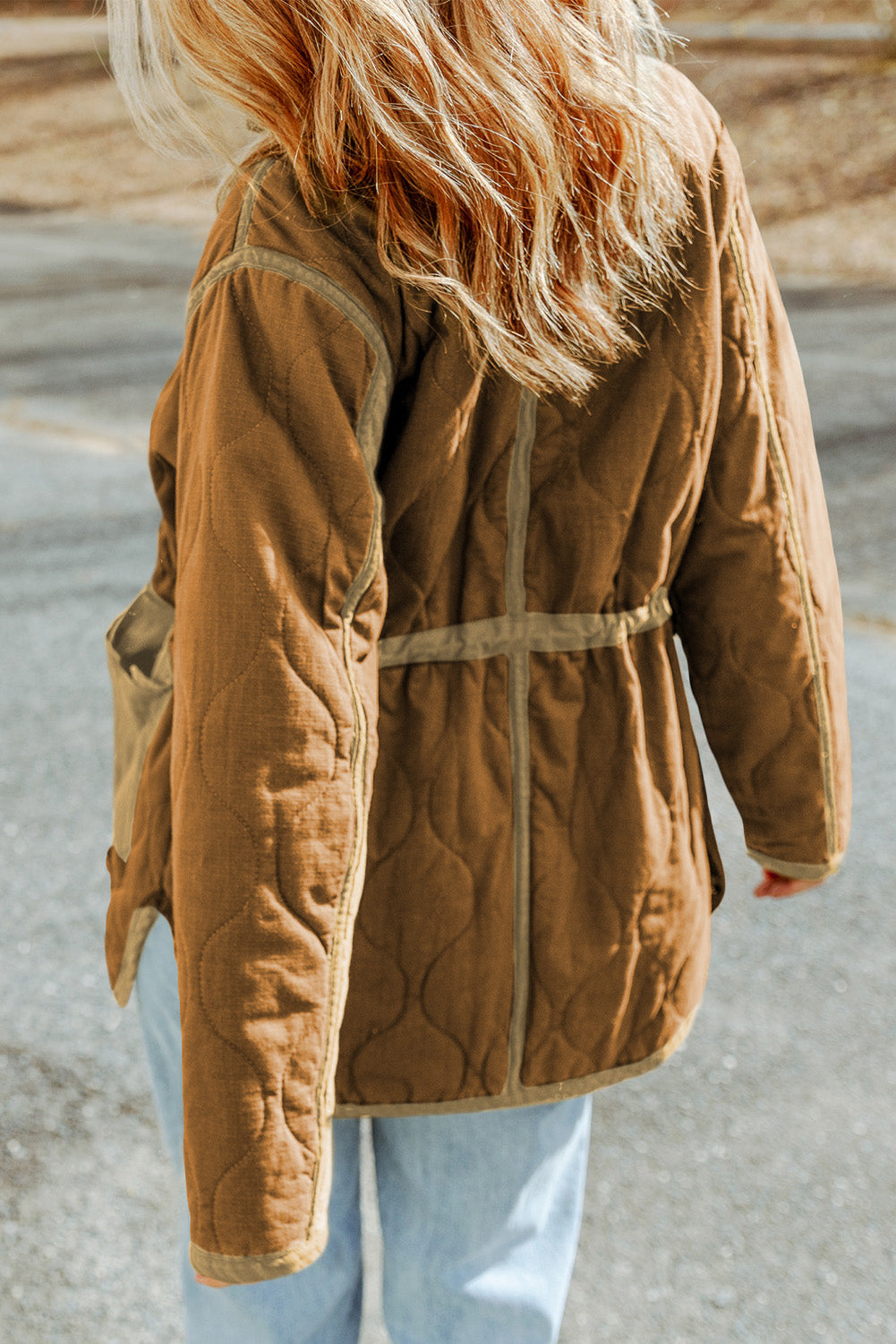 Green Drawstring Waist Quilted Jacket with Pocket
