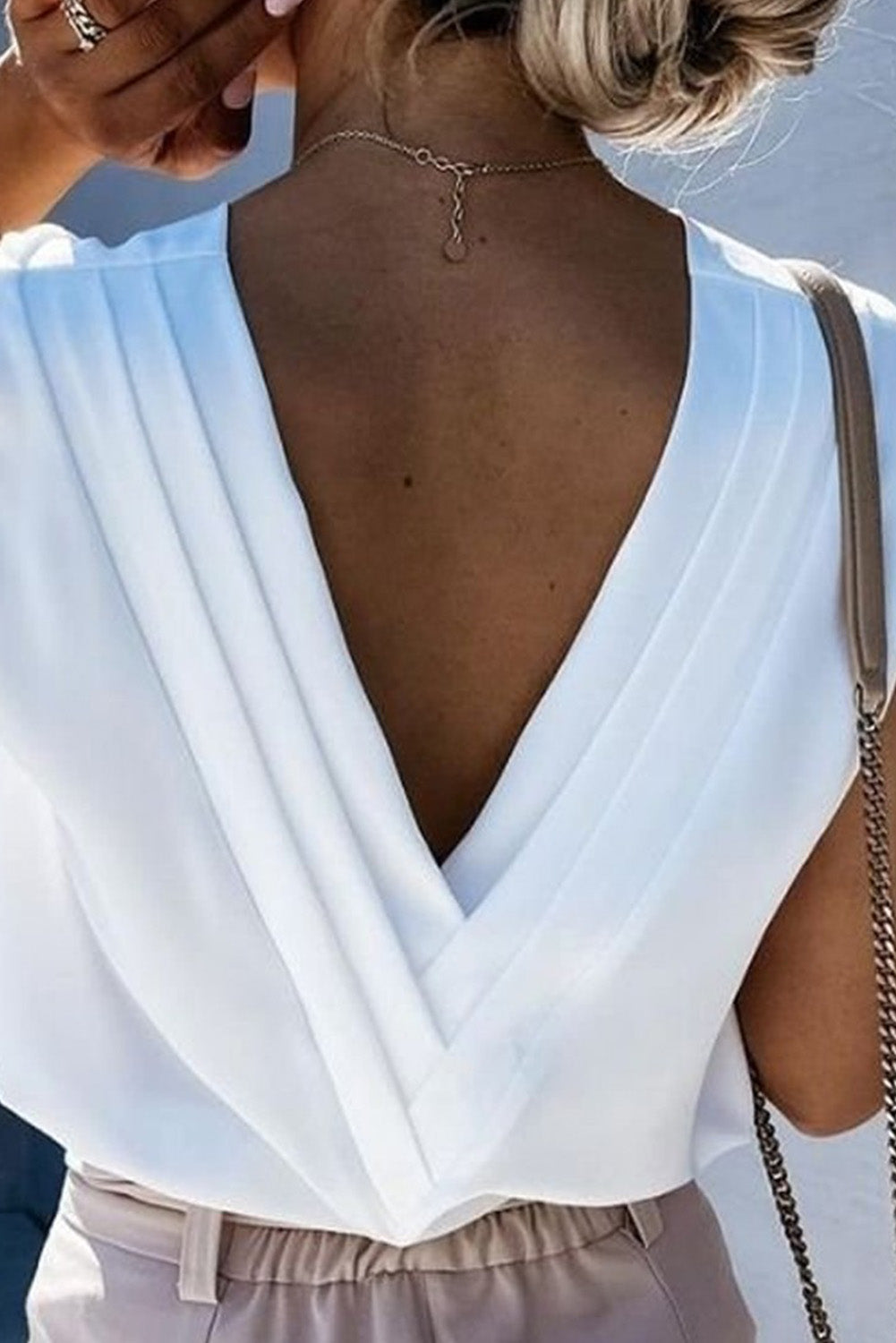 Pleated Backless V Neck Sleeveless Shirt