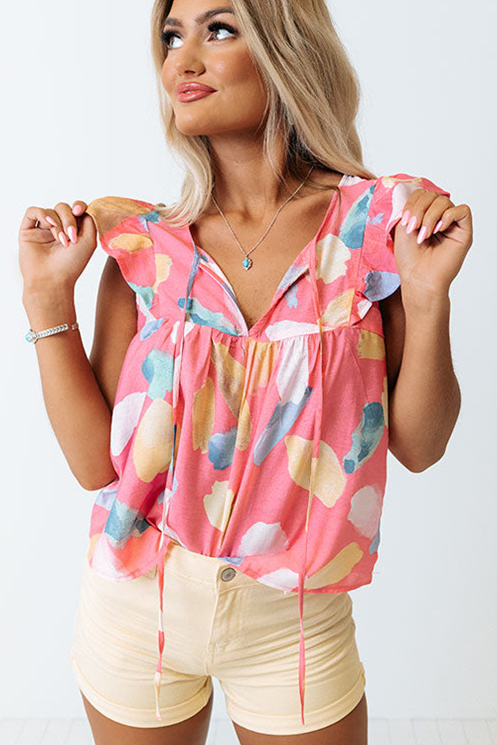 Light Blue Abstract Colorblock Ruffle Sleeveless Blouse