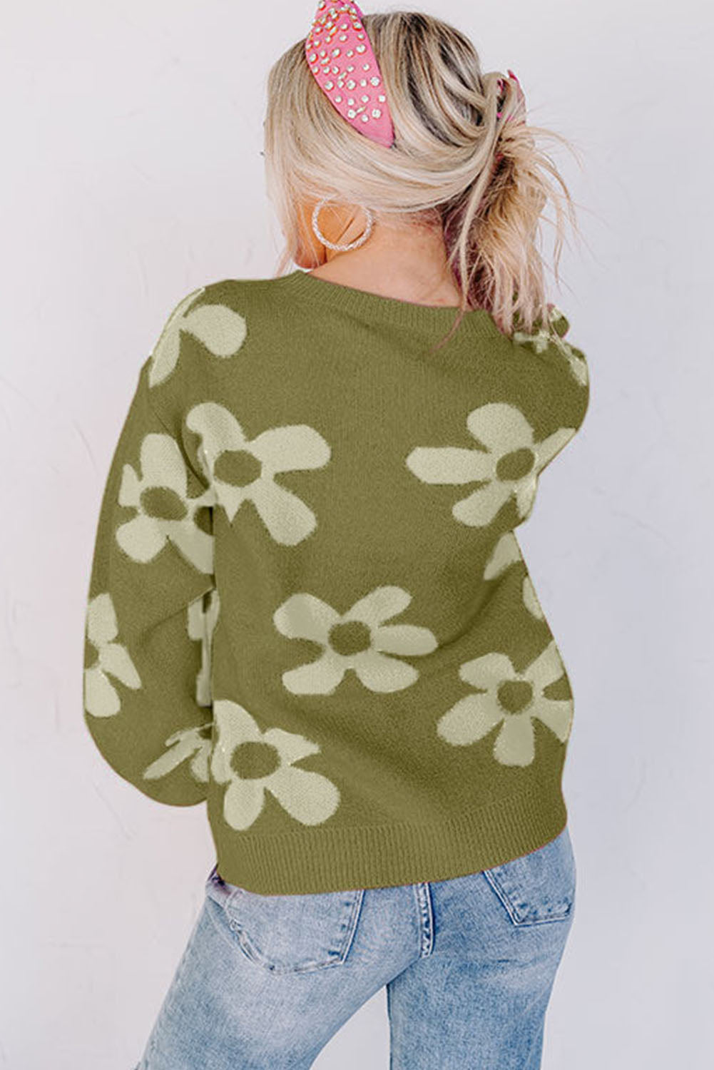 Floral Print Knitted Long Sleeve Pullover Sweater