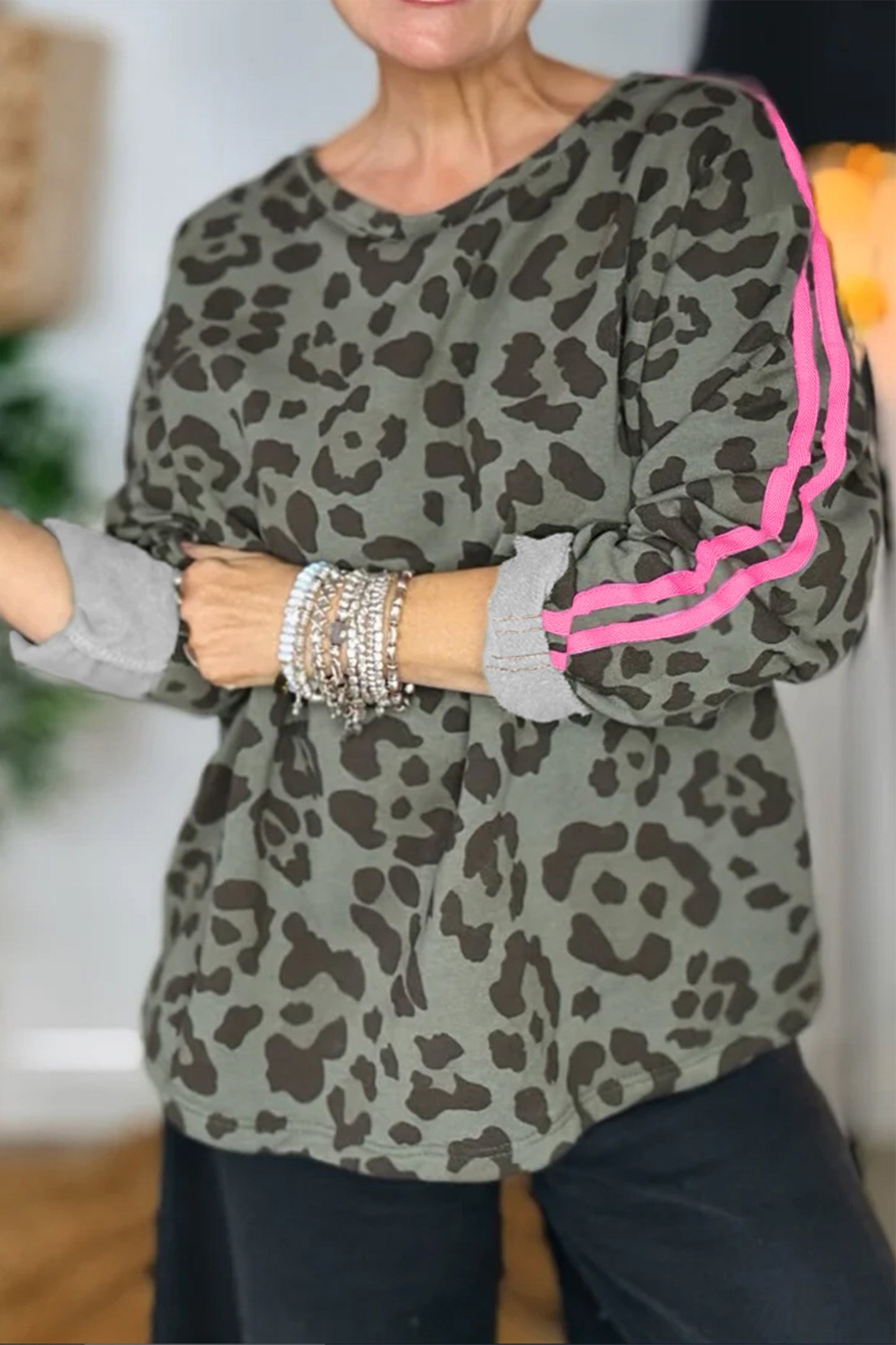 Gray Leopard Print Varsity Striped Trim Long Sleeve Top