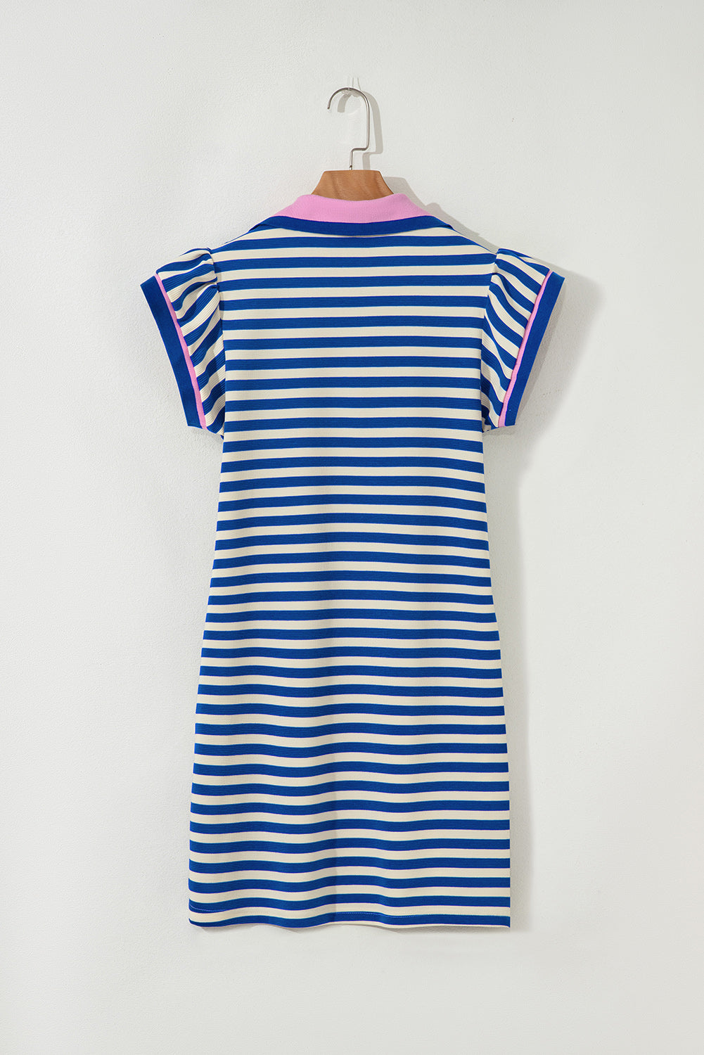 Sachet Pink Striped Ruffle Short Sleeve Pop of Color Neckline Dress
