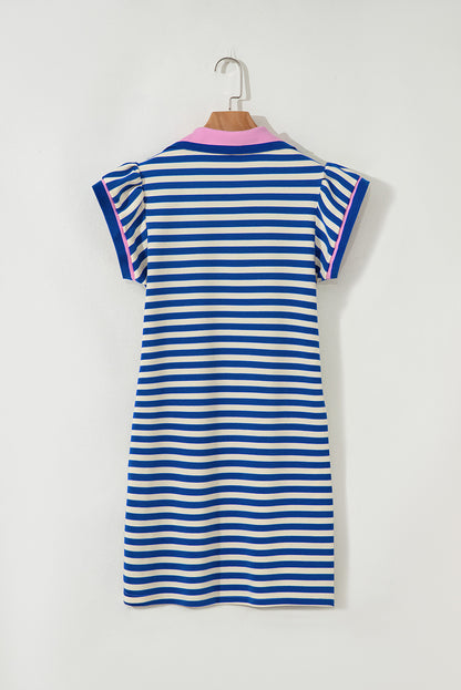 Sachet Pink Striped Ruffle Short Sleeve Pop of Color Neckline Dress