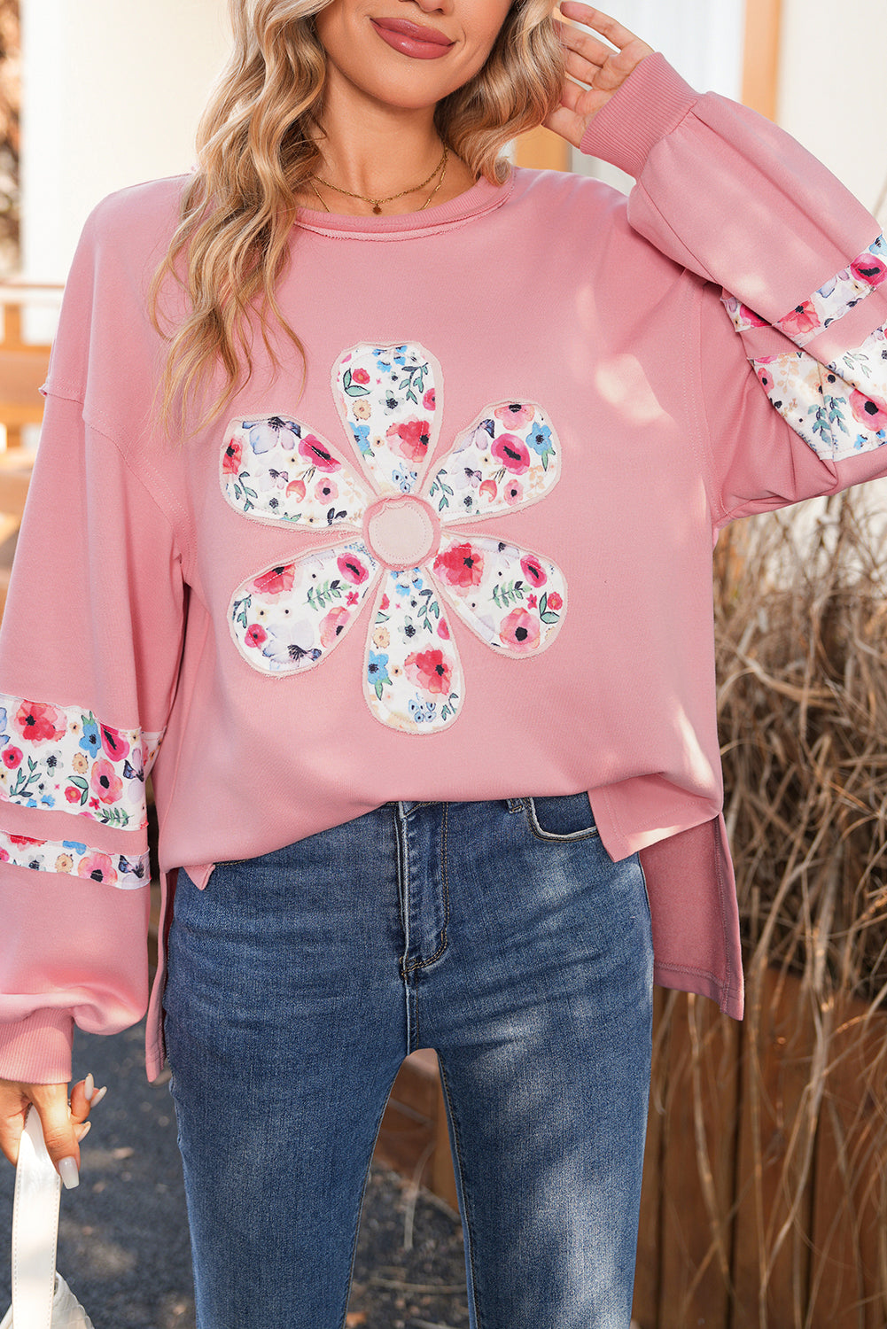 Peach Blossom Flower Applique Patchwork Drop Sleeve Pullover Sweatshirt