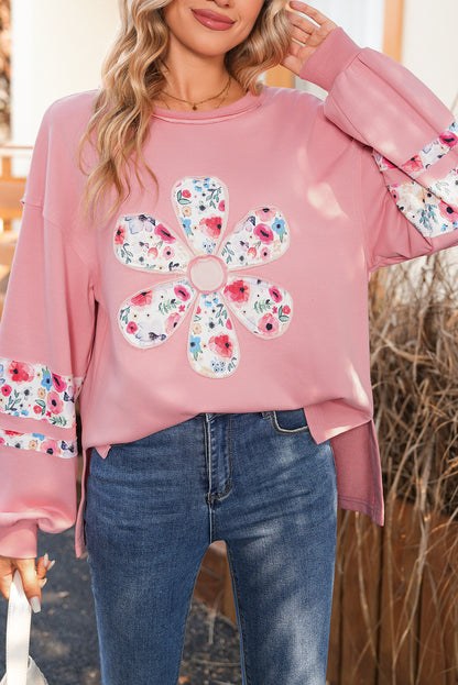Peach Blossom Flower Applique Patchwork Drop Sleeve Pullover Sweatshirt