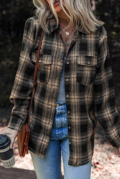 Plaid Double Flap Pocket Brushed Flannel Long Sleeve