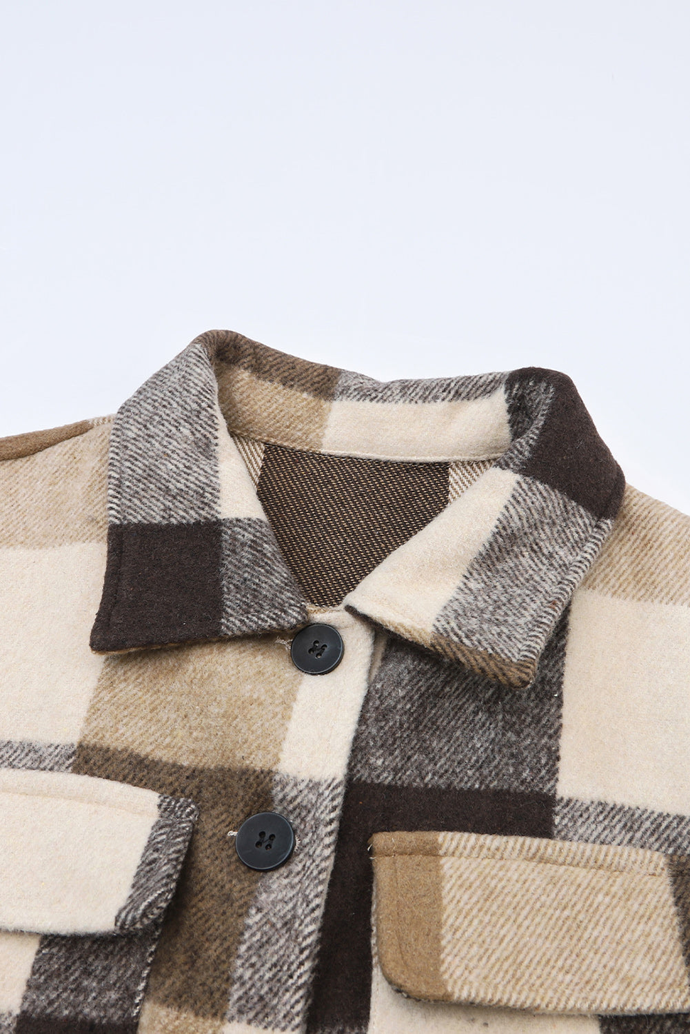 Khaki Plaid Colorblock Button Down Flap Pocket Long Shacket