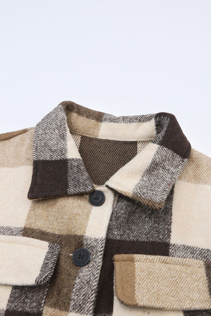 Khaki Plaid Colorblock Button Down Flap Pocket Long Shacket