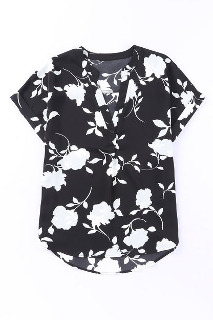 Floral Print Casual Roll Up Sleeve Blouse