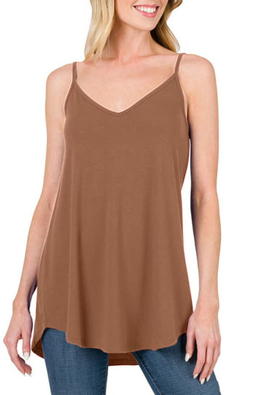 Clay Spaghetti Strap V-Neck Flowy Tunic Cami Top