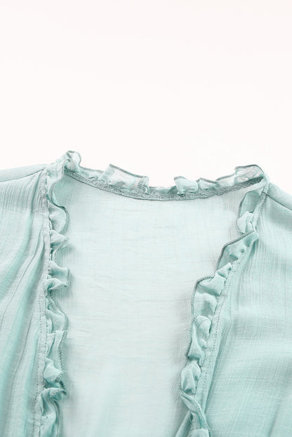 Green Ruffled Trim Short Sleeve Open Front Kimono
