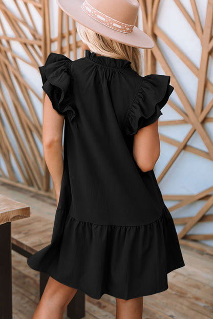 Tiered Ruffled Drawstring V Neck Short Dress With Pockets
