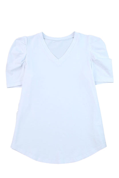 Puff Sleeve Casual V Neck T-Shirt