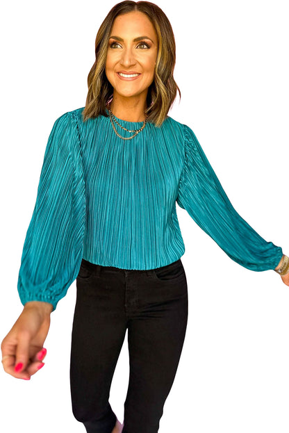 Verdant Solid Color Textured Puff Sleeve Cropped Blouse