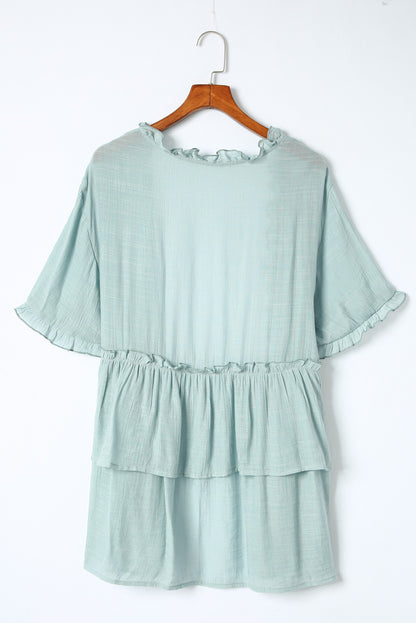 Green Ruffled Trim Short Sleeve Open Front Kimono