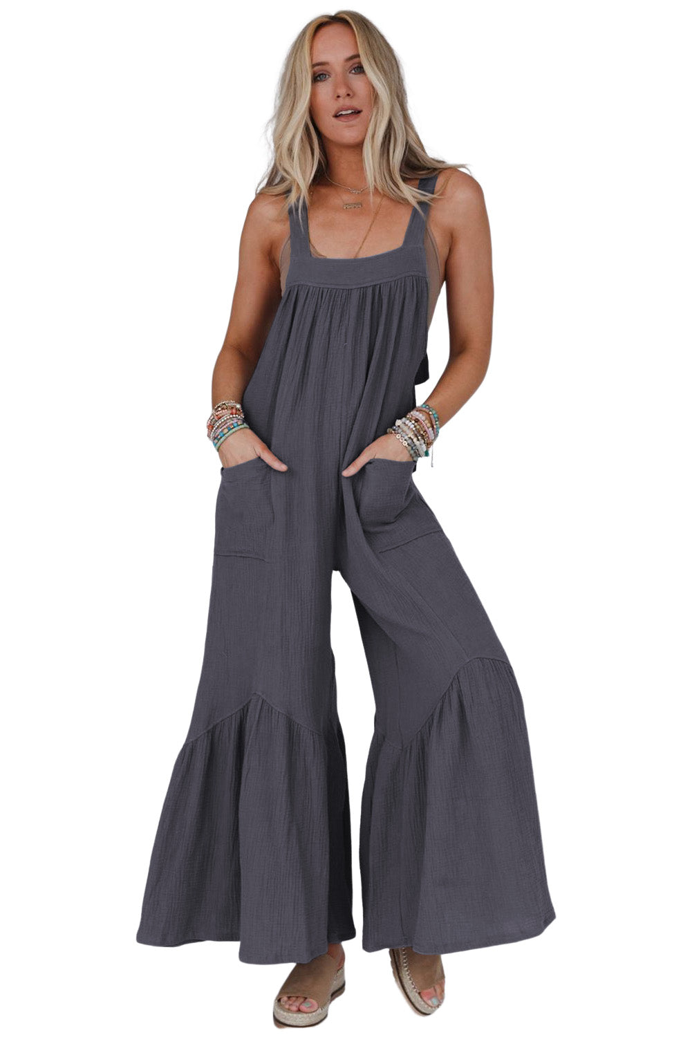 Black Solid Color Pockets Pleated Flare Leg Jumpsuit