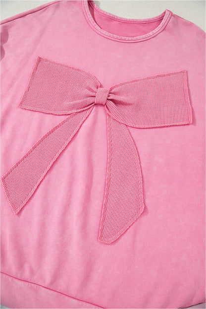 Bonbon Waffle Bowknot Patchwork Mineral Wash Plus Size Top