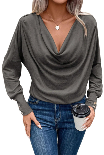 Cowl Neck Buttoned Long Sleeve Blouse