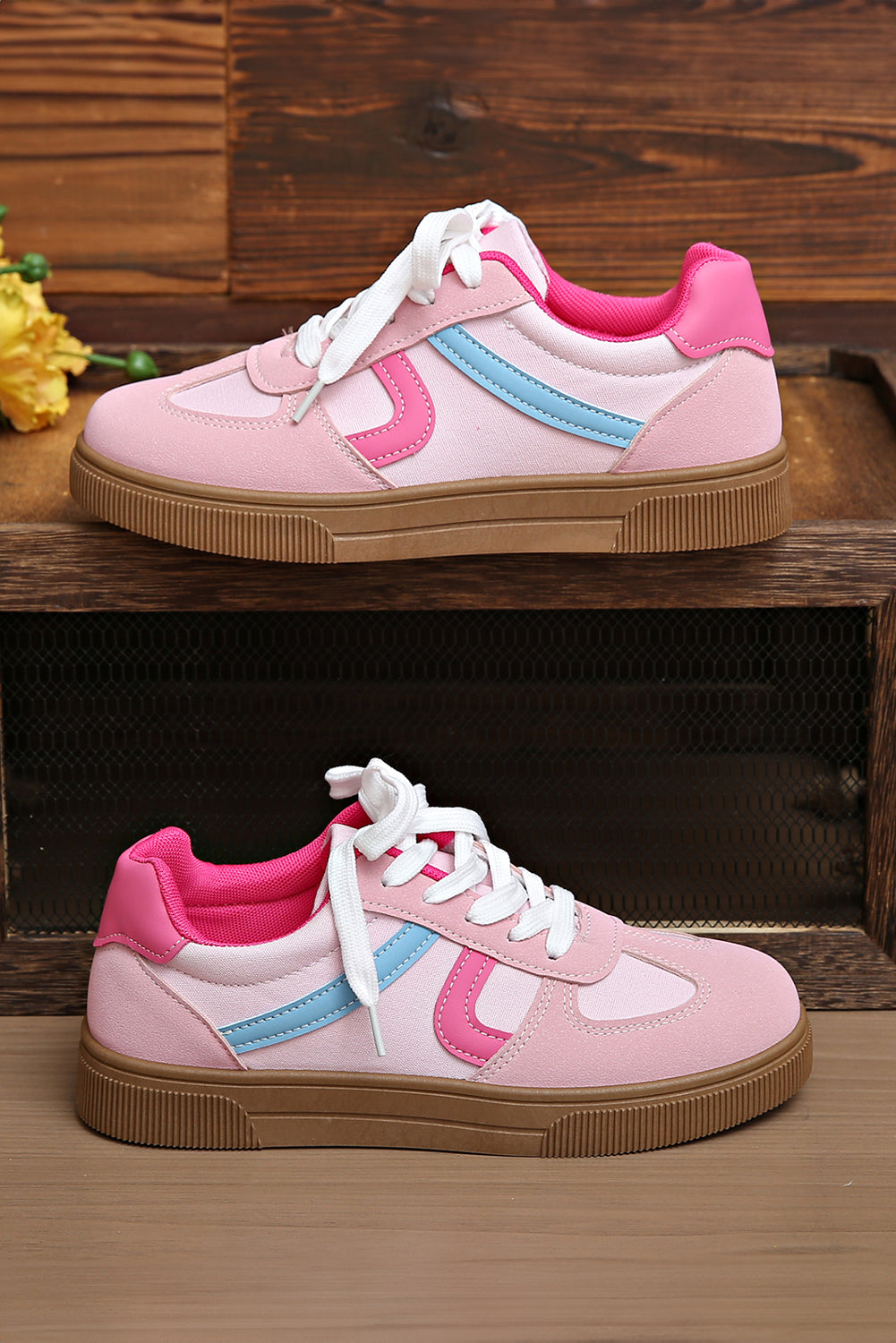 Pink Striped Patchwork Lace Up Sneakers
