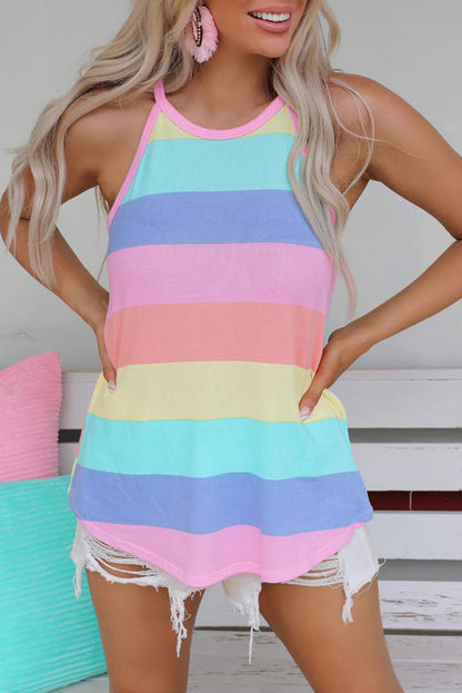 Multicolor Colorblock Striped Casual Tank Top