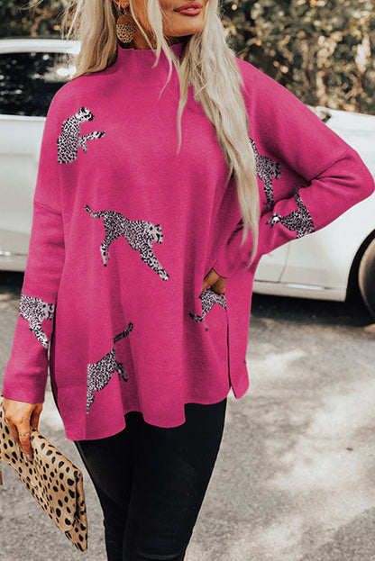 Cheetah Print High Neck Split Hem Sweater