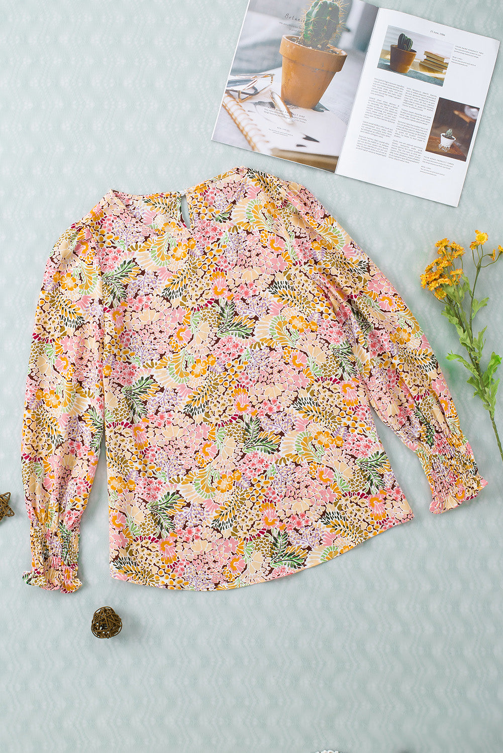 Multicolor Floral Print Smocked Cuffs Long Sleeve Blouse