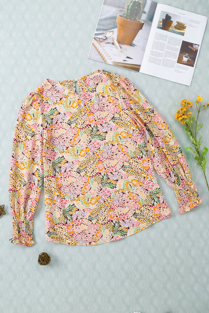 Multicolor Floral Print Smocked Cuffs Long Sleeve Blouse